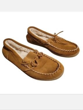 My‎ Slippers Leather Mocassin in Chestnut Brown Faux Fur Lined Women's Size 9